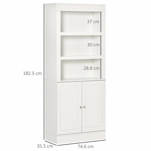 White wooden homcom kitchen cupboard with three open shelves and adjustable shelves in double-door cabinet