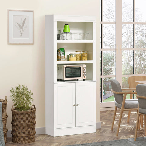 White homcom kitchen cupboard with three open shelves, adjustable shelves, and double-door storage holding a toaster oven
