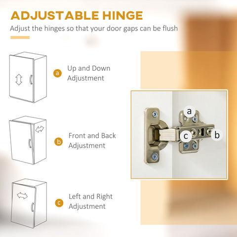 Adjustable metal hinge with silver finish on homcom kitchen white cabinet with three open shelves and adjustable shelves