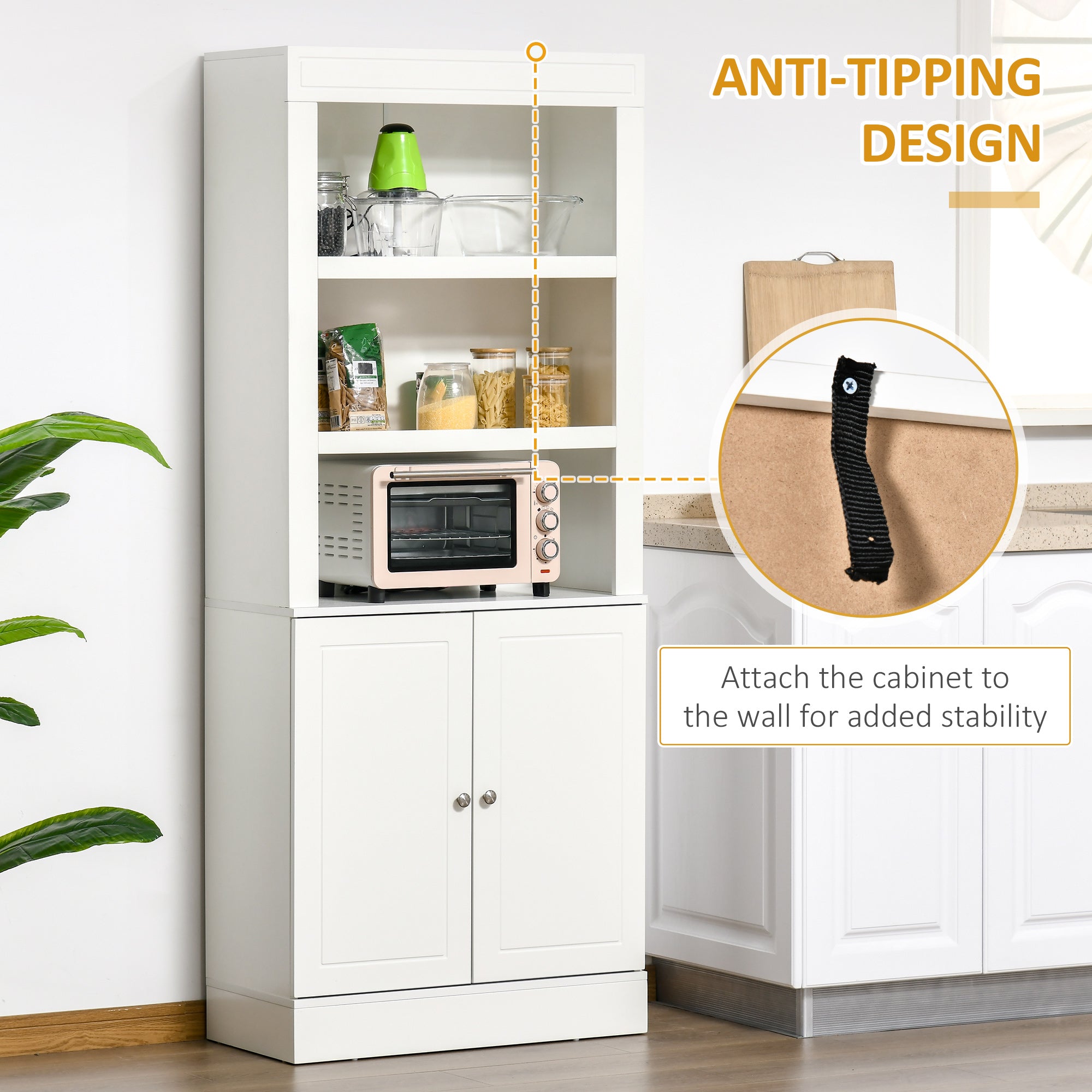 White homcom kitchen cupboard with three open shelves adjustable shelves and anti tipping freestanding design