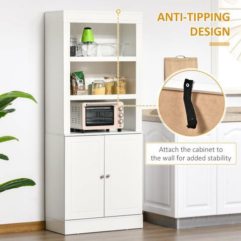 White homcom kitchen cupboard with three open shelves adjustable shelves and anti tipping freestanding design