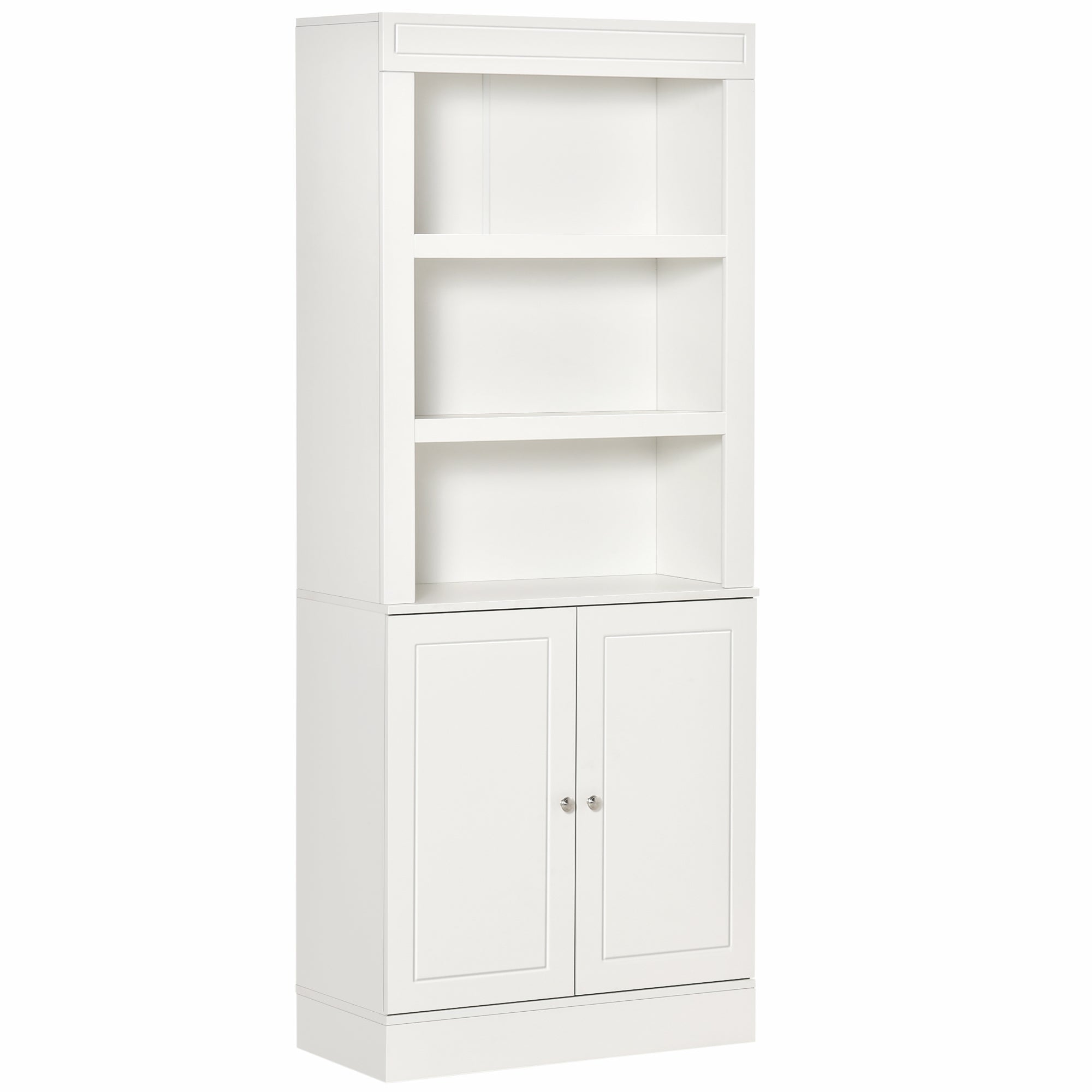 White wooden homcom kitchen cupboard with three open shelves and adjustable shelves in double-door cabinet