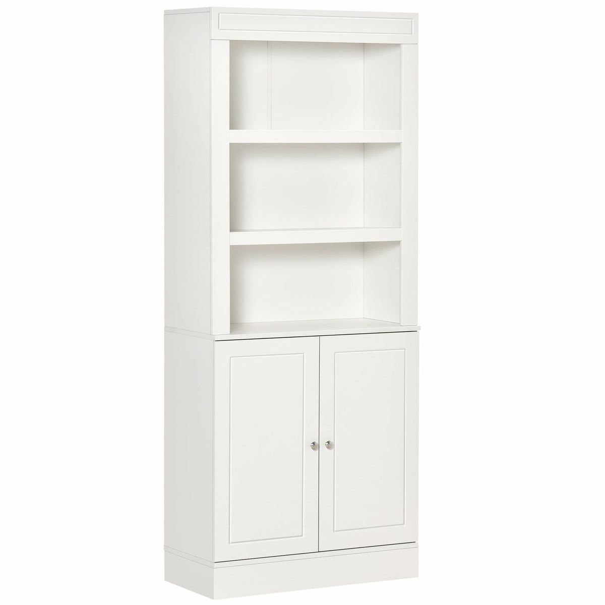 White wooden homcom kitchen cupboard with three open shelves and adjustable shelves in double-door cabinet