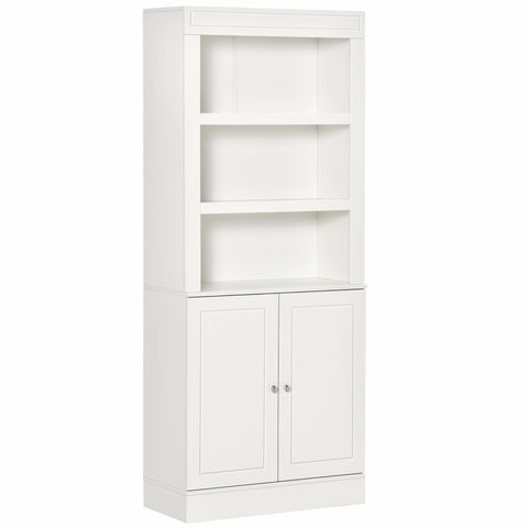 White wooden homcom kitchen cupboard with three open shelves and adjustable shelves in double-door cabinet