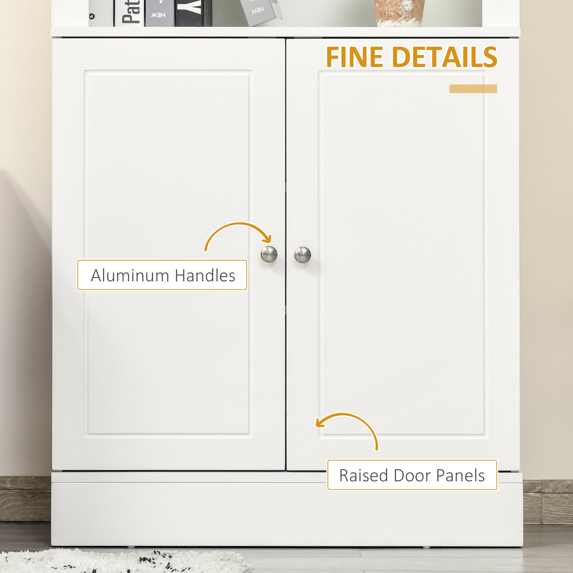White homcom kitchen cupboard with aluminum handles, raised door panels, three open shelves, and adjustable shelves