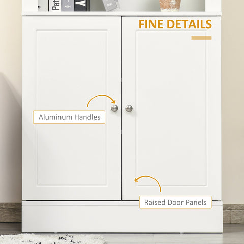 White homcom kitchen cupboard with aluminum handles, raised door panels, three open shelves, and adjustable shelves