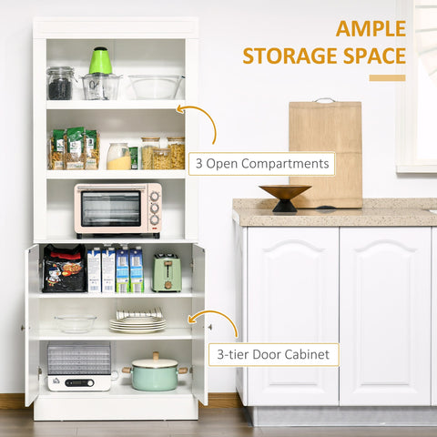White homcom kitchen cupboard with three open shelves and adjustable shelves for pantry and appliance storage
