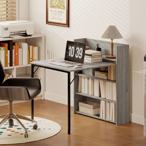 Gray wood-grain homcom extendable dining table with black metal legs and 4-tier shelves for versatile shelf size