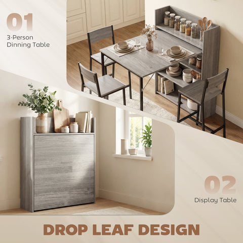 Gray wood-grain finish homcom dining table with drop-leaf design, extendable dining table and 4-tier shelves for storage
