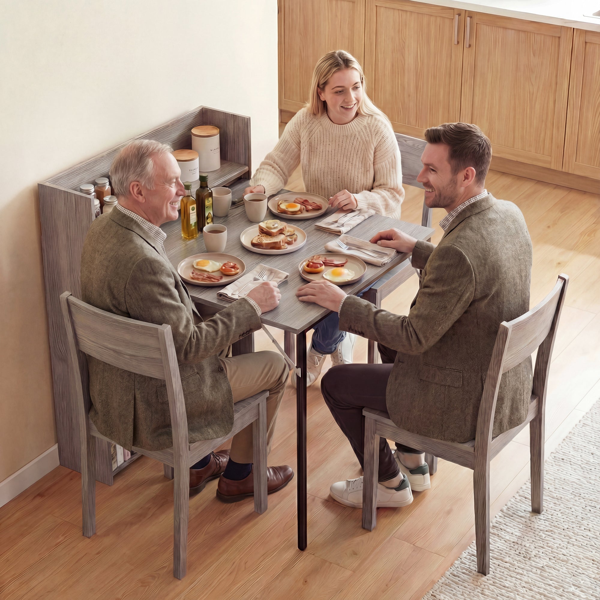 Gray wooden dining table with black legs and integrated 4-tier shelf size in a modern extendable dining table design
