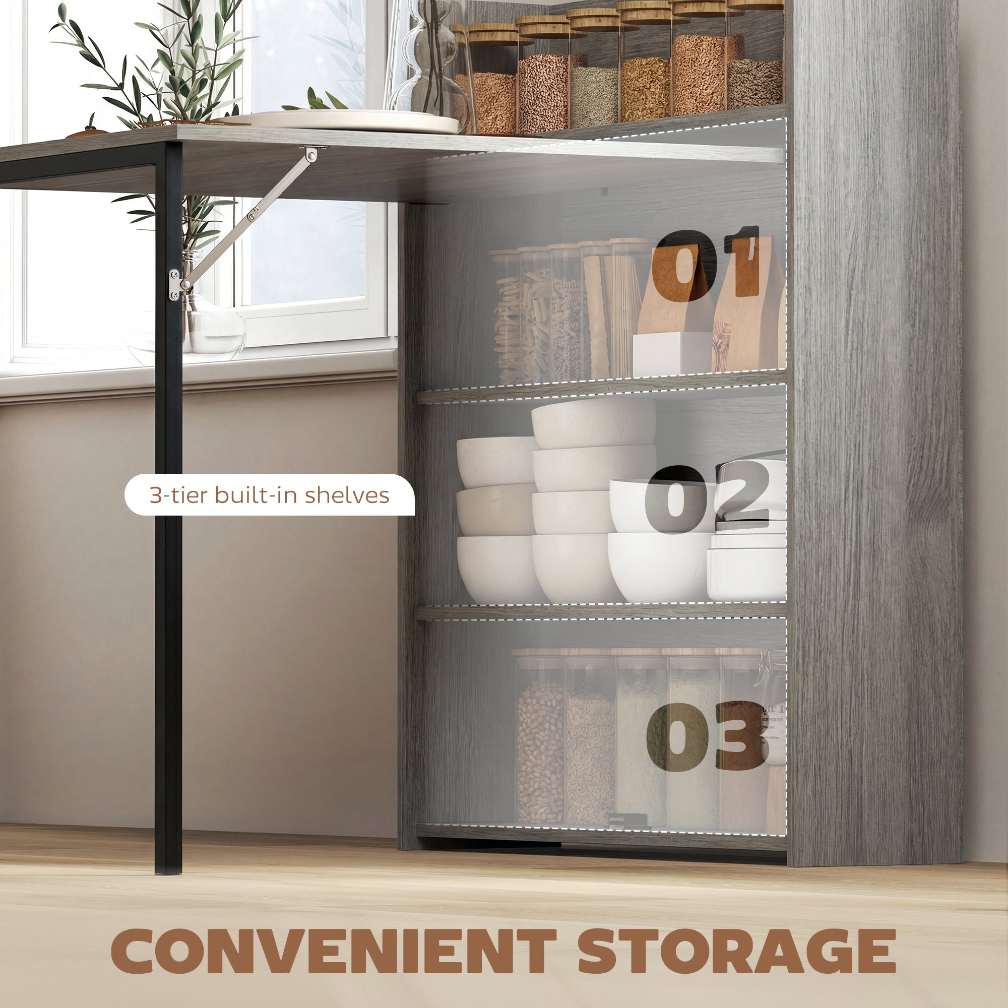 Modern grey wood effect homcom dining table with folding top and 4-tier shelves for convenient shelf size storage
