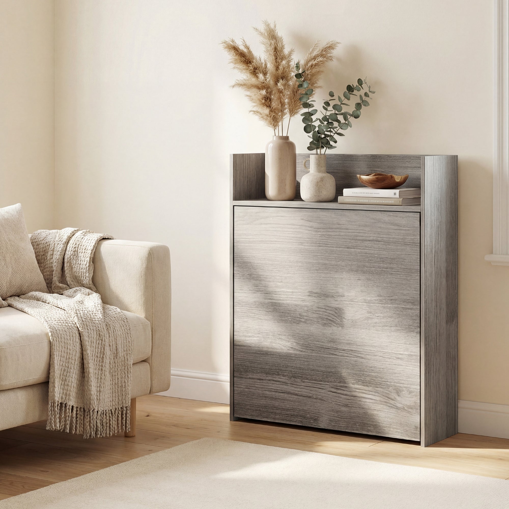 Gray wood-grain foldable storage cabinet with open shelves holding vases fits perfectly with modern extendable dining table shelf size