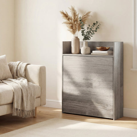 Gray wood-grain foldable storage cabinet with open shelves holding vases fits perfectly with modern extendable dining table shelf size