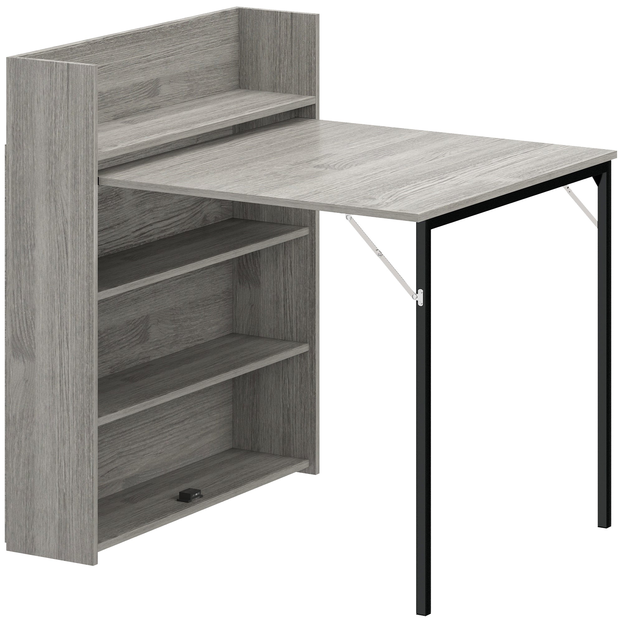 Gray wood grain foldable dining table with black metal legs and built in 4 tier shelves perfect as an extendable dining table