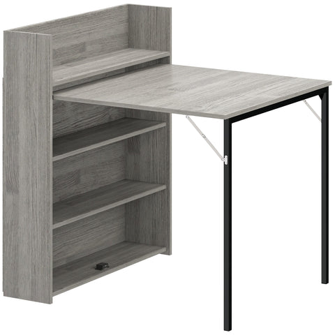 Gray wood grain foldable dining table with black metal legs and built in 4 tier shelves perfect as an extendable dining table