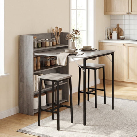 Gray wood-grain foldable dining table with black metal legs and 4-tier shelves modern extendable dining table