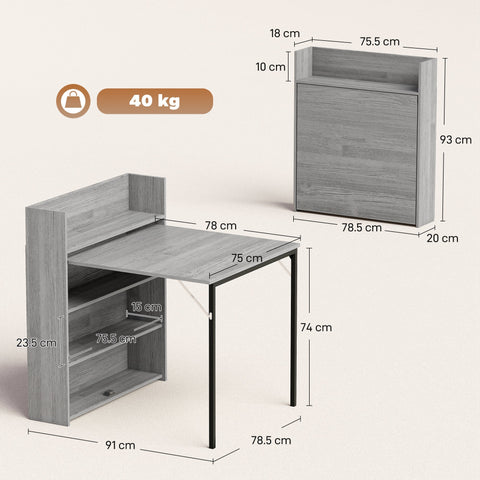 Gray wood-grain finish foldable dining table with black metal legs and 4-tier shelves for extra storage and shelf size