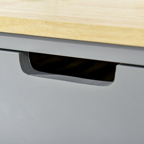Gray homcom kitchen trolley drawer with minimalist handle and light rubberwood top featuring towel rack