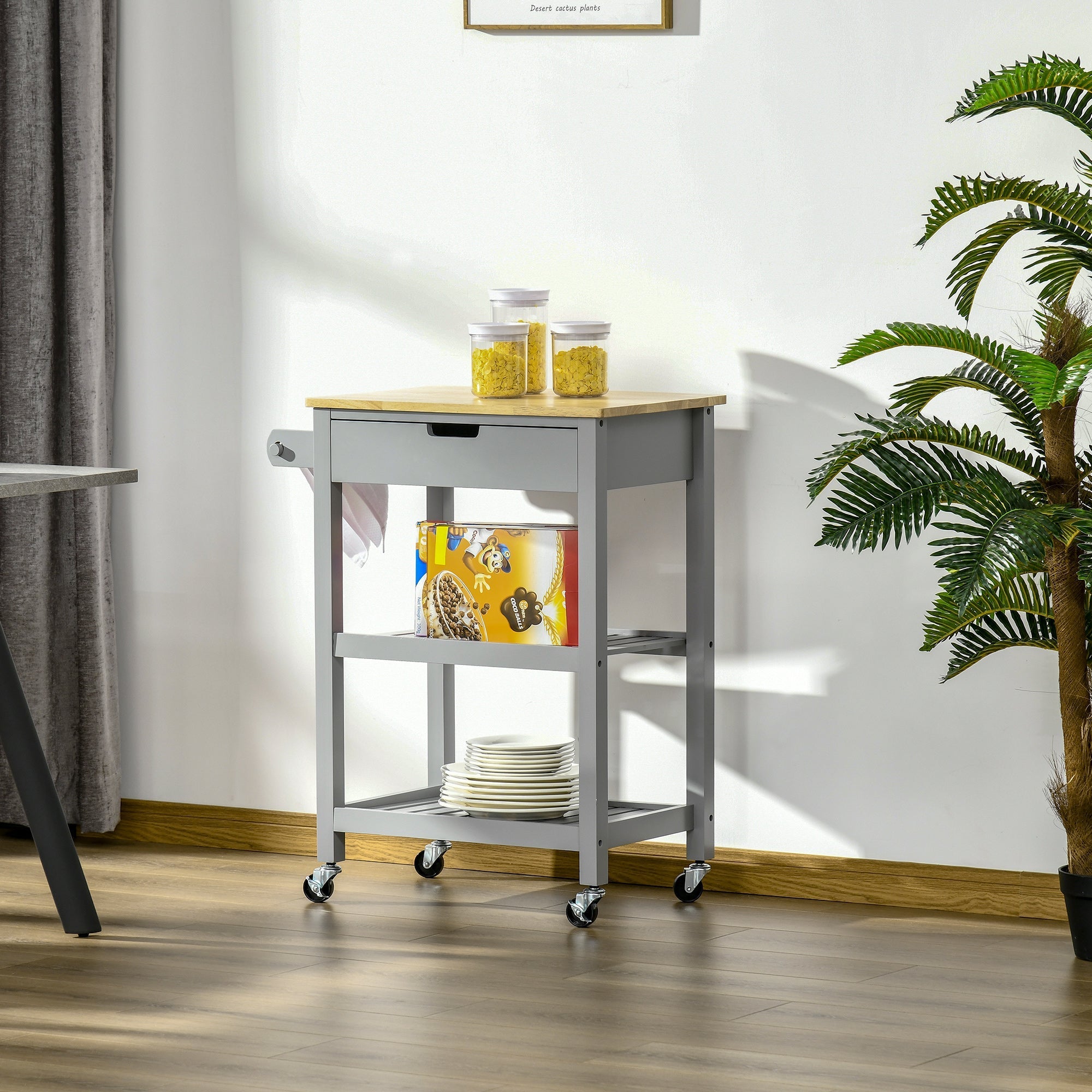 Gray homcom kitchen trolley utility cart with rubberwood top casters towel rack and storage shelves for dining room