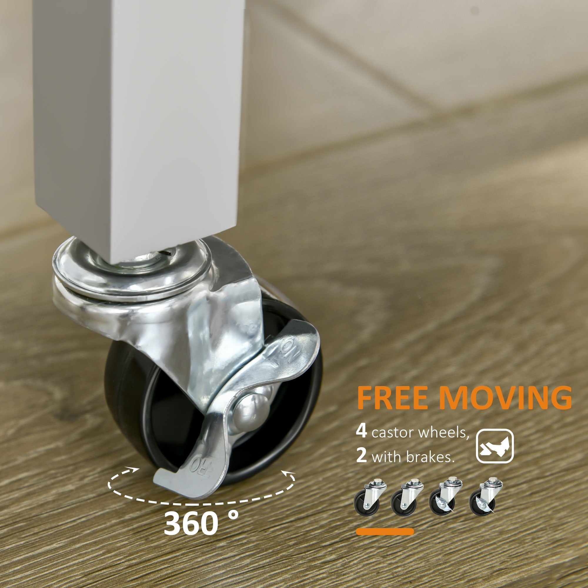Black rubber caster wheel with chrome bracket and brake lever on homcom kitchen trolley utility cart with towel rack