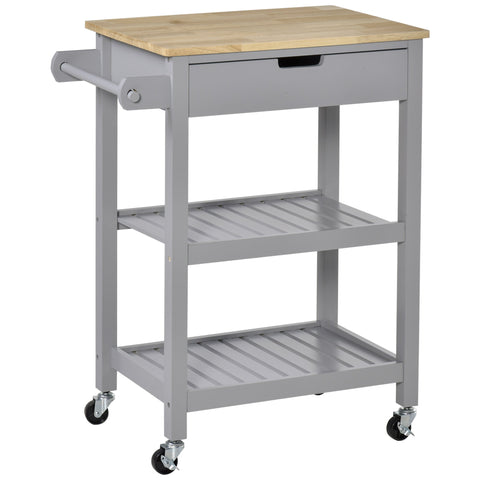 Gray homcom kitchen trolley cart with rubberwood top, towel rack, drawer, shelves, and casters for dining room use
