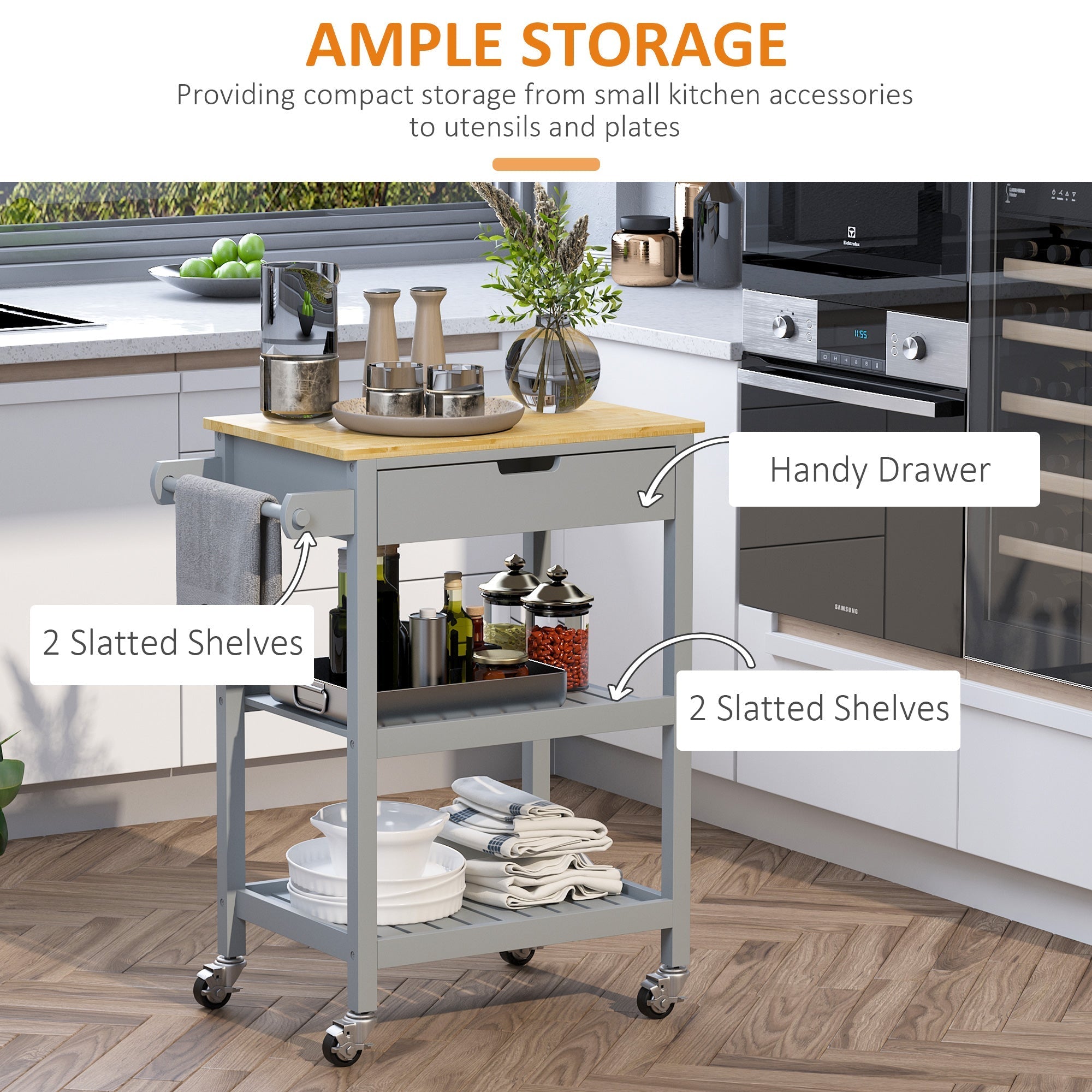 Gray homcom kitchen trolley utility cart with towel rack light wood top storage shelves drawer and caster wheels