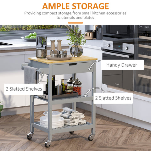 Gray homcom kitchen trolley utility cart with towel rack light wood top storage shelves drawer and caster wheels