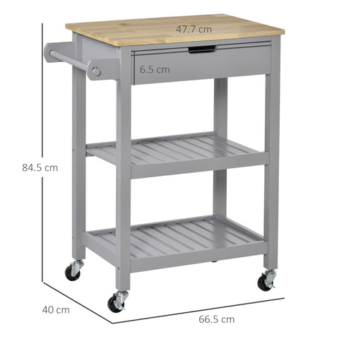 Gray homcom kitchen trolley utility cart with rubberwood worktop towel rack and black caster wheels for dining room
