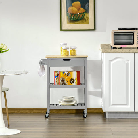 Gray metal kitchen cart with light wood rubberwood top, towel rack, drawer, and black casters for dining room use