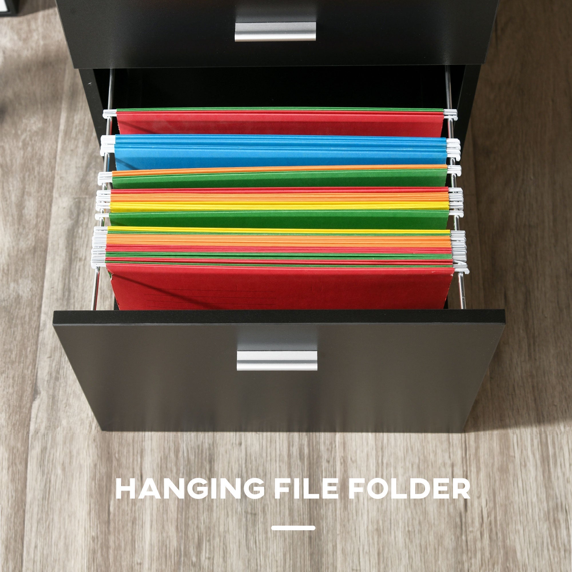Colorful hanging file folders inside the black storage drawer of homcom L-shaped desk with mdf shelves and shaped design