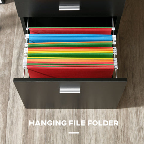 Colorful hanging file folders inside the black storage drawer of homcom L-shaped desk with mdf shelves and shaped design