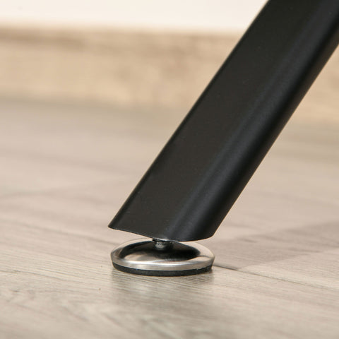Black metal leg with silver circular foot on homcom l shaped desk featuring mdf shelves and large desktop size