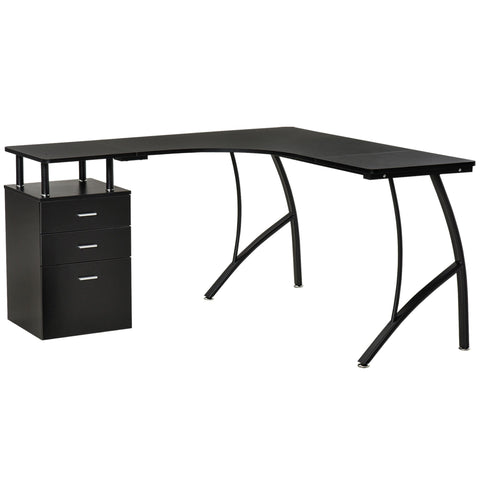 Black homcom l-shaped desk with curved mdf shelves and sleek metal legs featuring matching file cabinet and large desktop size