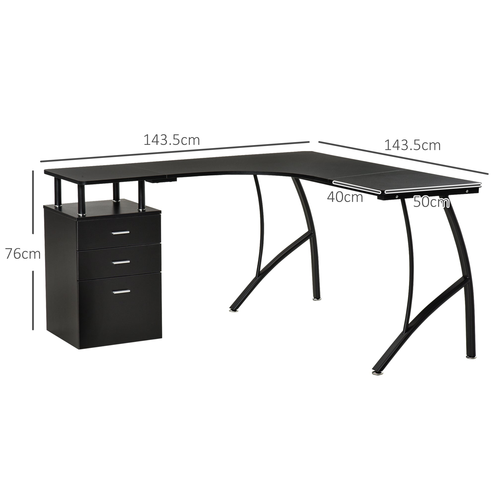 Black l-shaped desk with glossy mdf shelves curved metal legs three drawers and spacious desktop size for home office