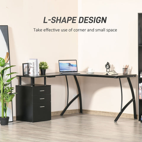 Black l-shaped computer desk with curved metal legs mdf shelves and matching file cabinet for home office use