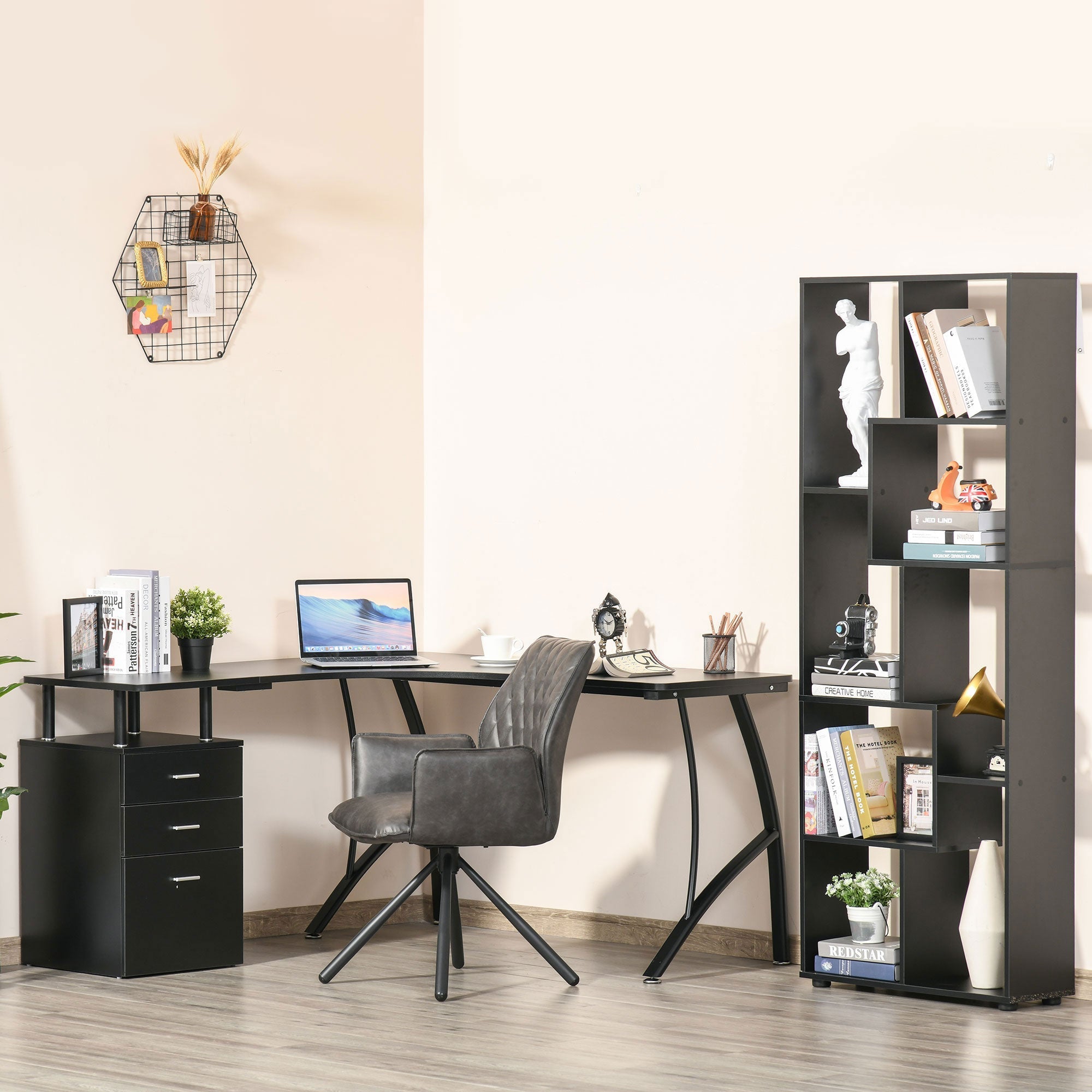 Black homcom l-shaped computer desk with curved legs, mdf shelves, and storage drawer for home office use