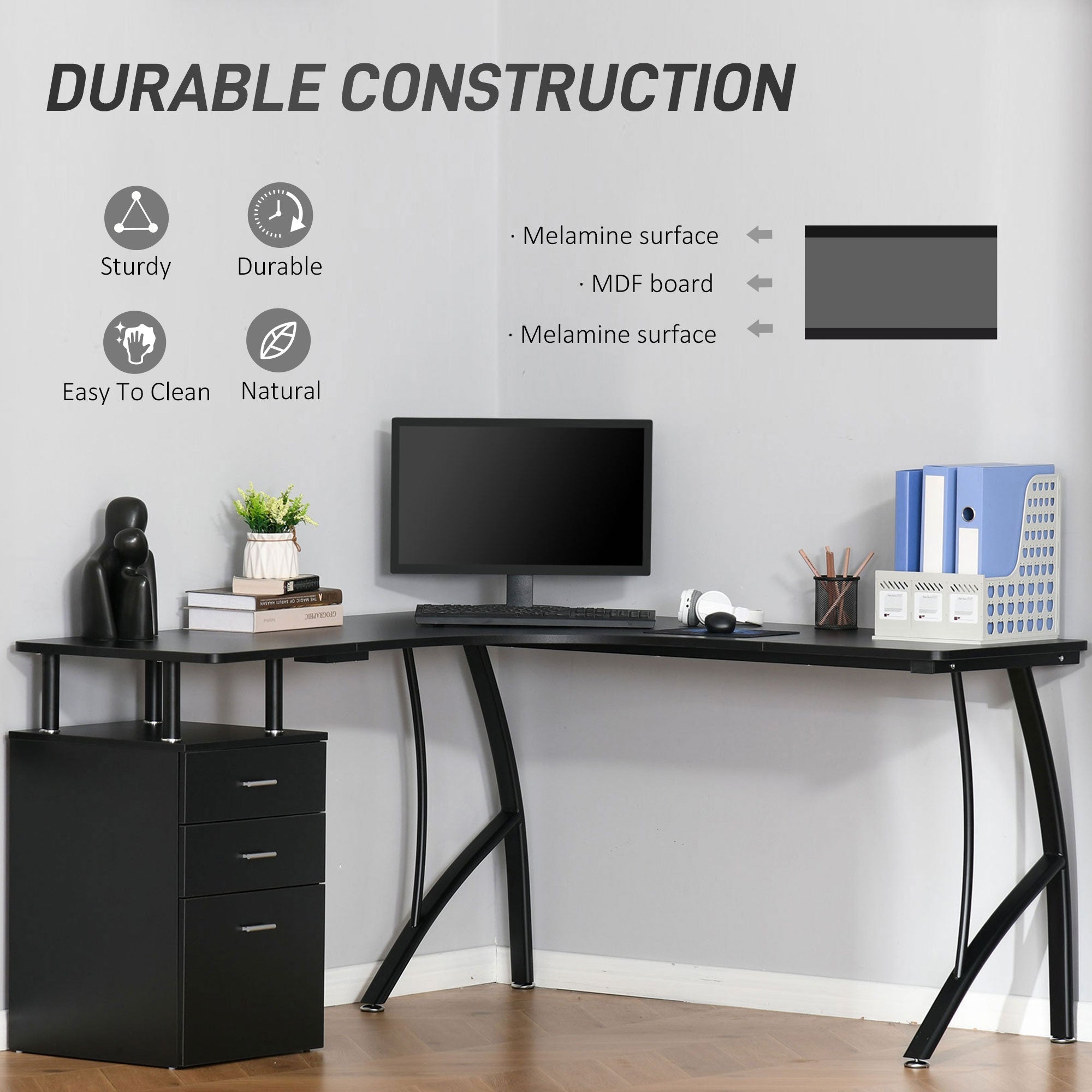 Black l-shaped computer desk with melamine desktop size 143.5x143.5 cm and metal legs includes mdf shelves and storage drawer