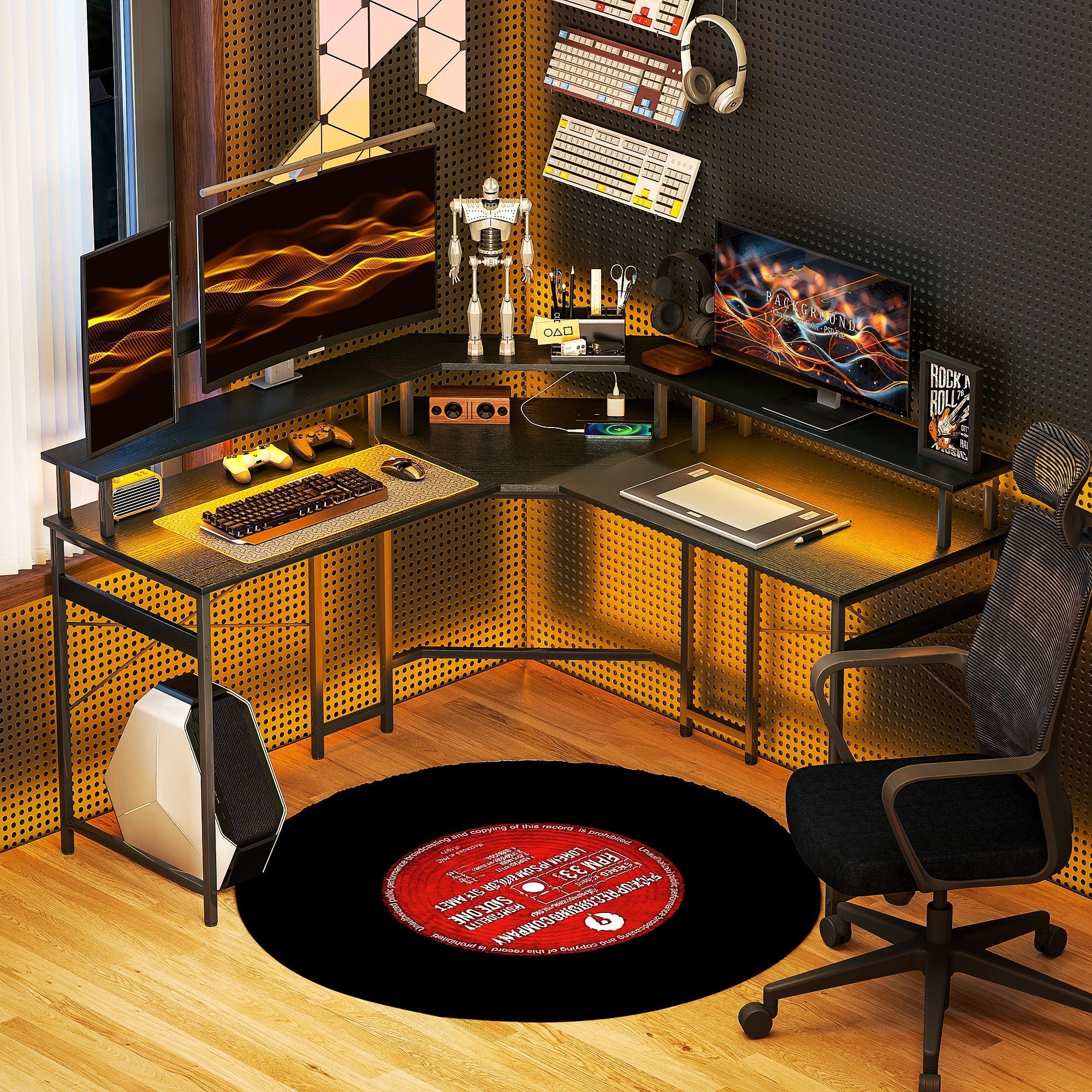 Black homcom l shaped work desk with led lights and two power outlets featuring a black circular rug with red vinyl record design