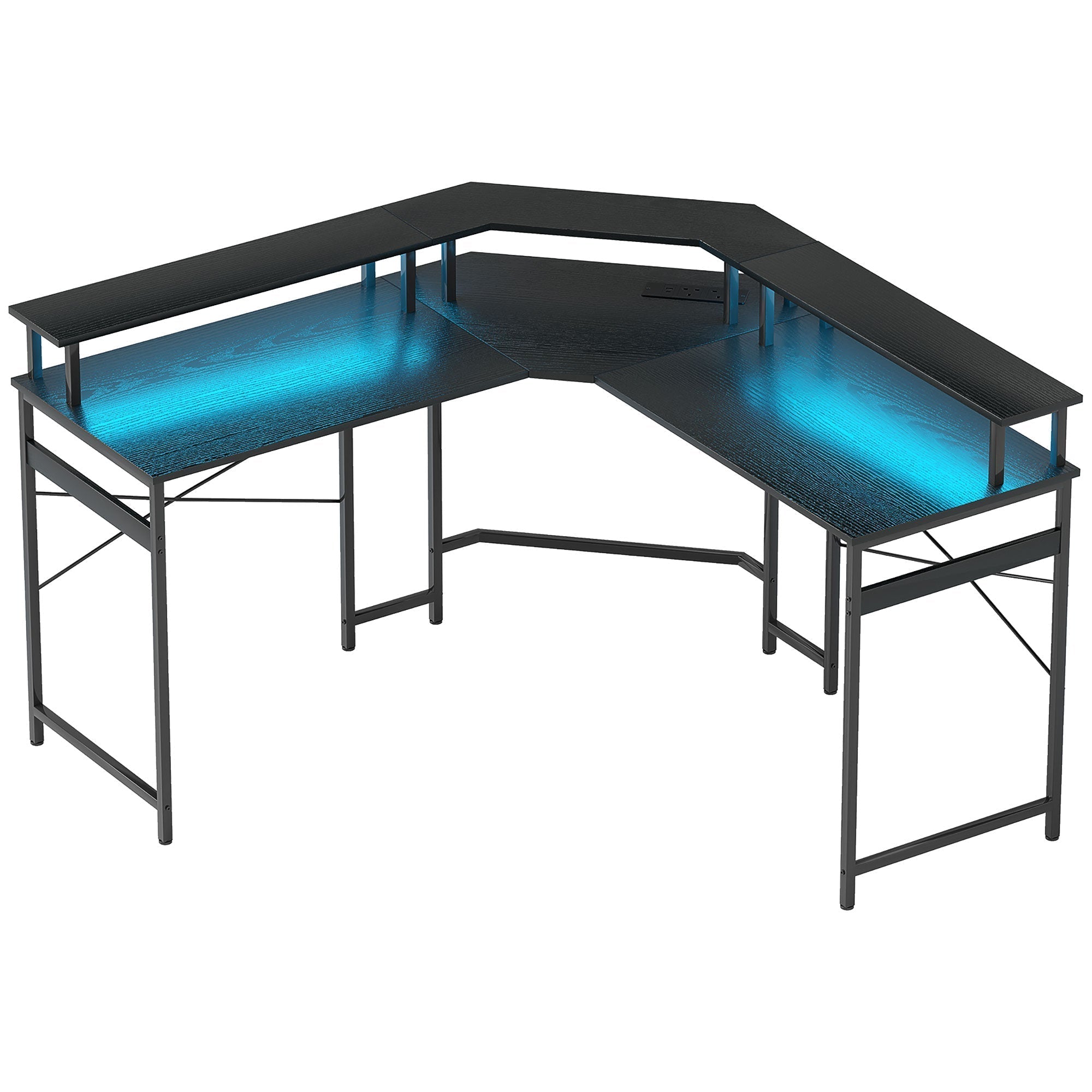 Black homcom l shaped gaming desk with 16 colour led lights and two power outlets for easy setup