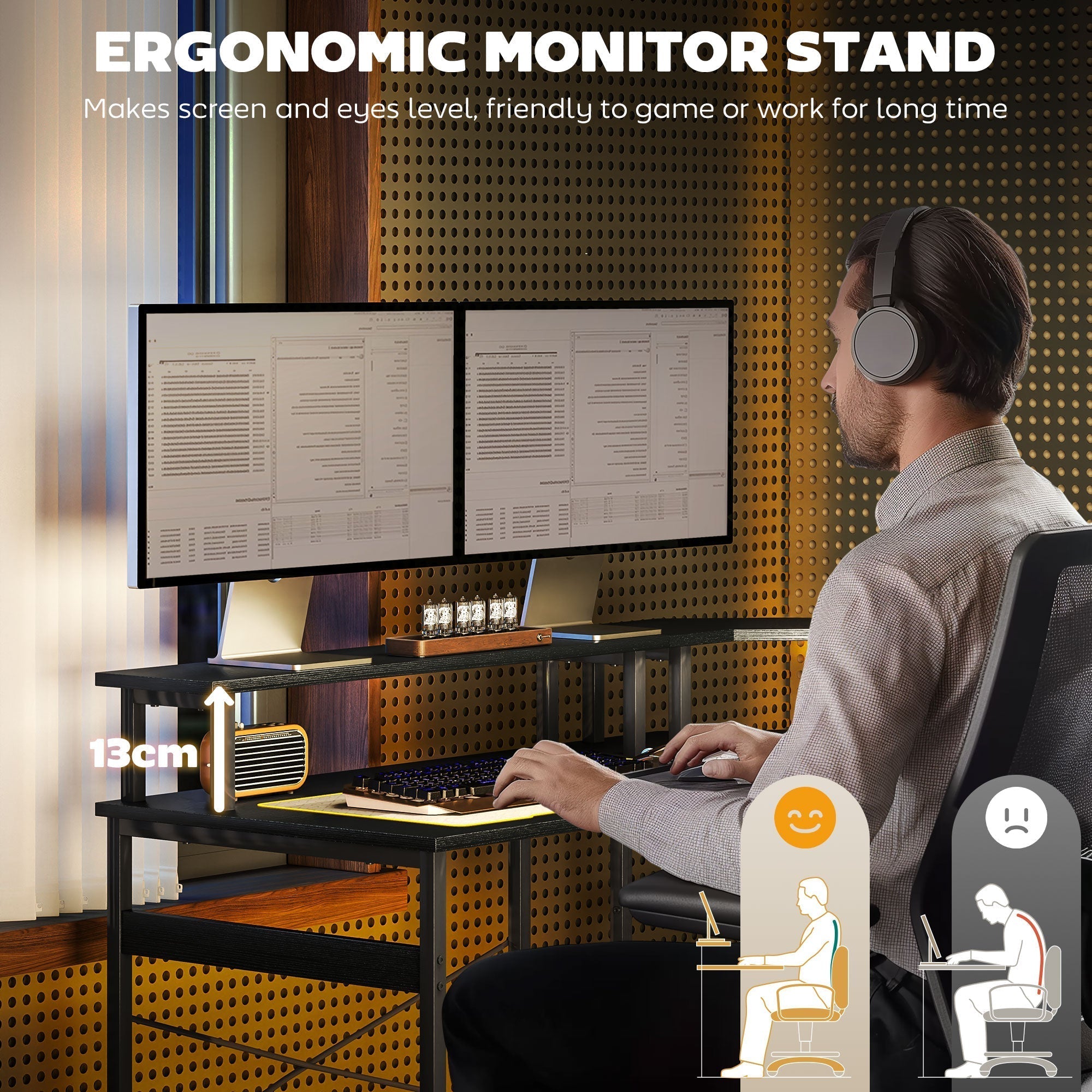 Black metal ergonomic monitor stand with adjustable height for dual monitors on homcom l shaped desk with led lights