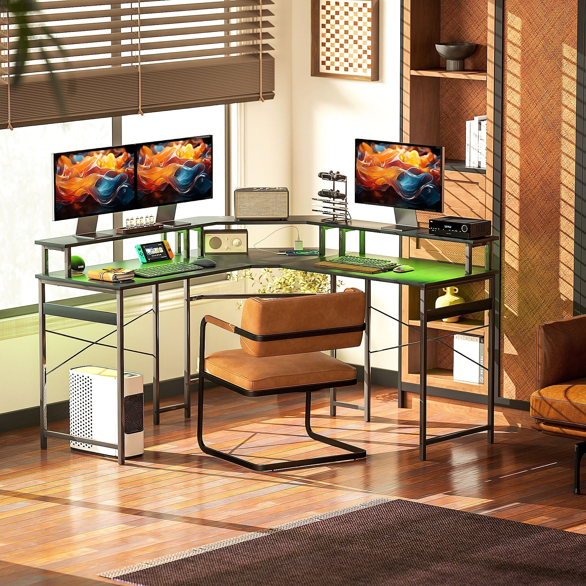 Modern l-shaped work desk by homcom with glass top black metal frame green 16-colour led lights and two power outlets