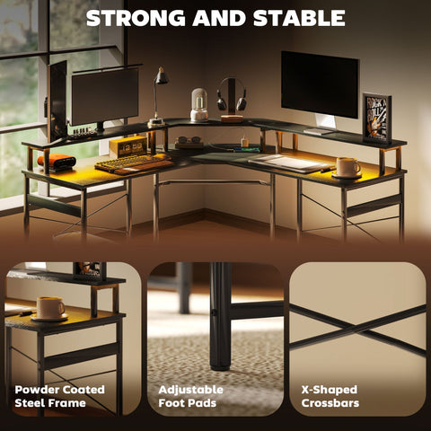 Black powder-coated steel l-shaped homcom desk with x-shaped crossbars, adjustable foot pads, led lights, and two power outlets