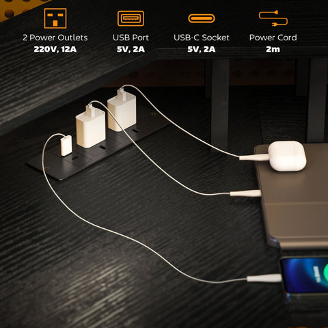 Black under-desk power strip with two power outlets, usb and usb-c socket on homcom l shaped work desk with led lights