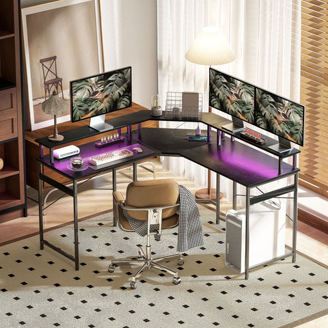 Homcom l shaped black and wood gaming desk with purple 16-colour led lights and two power outlets under surface