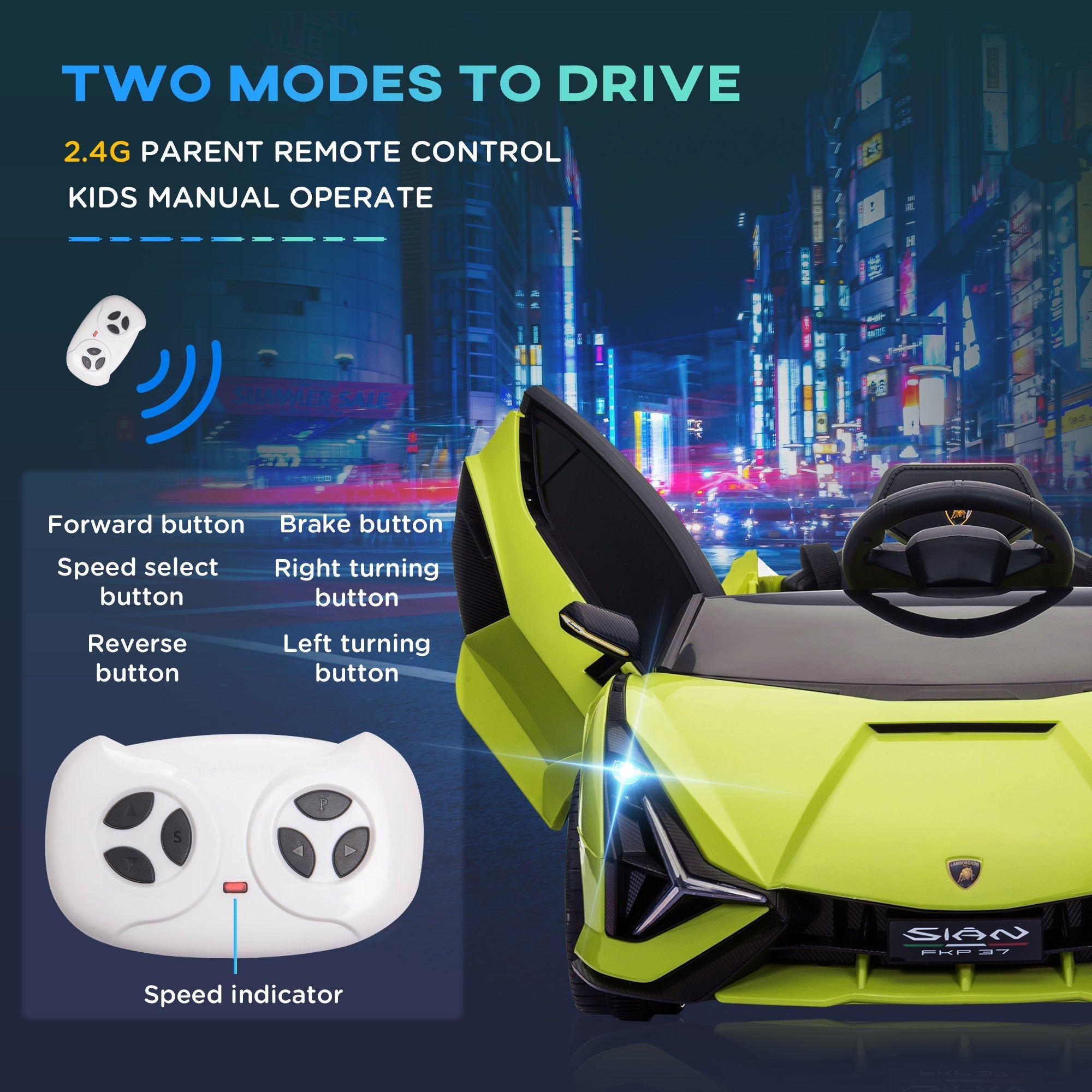 Bright lime green and black lamborghini sian kids electric ride on car showing sleek tail lights and sporty design