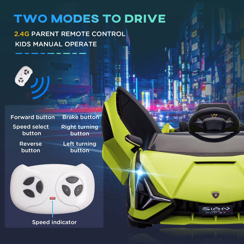 Bright lime green and black lamborghini sian kids electric ride on car showing sleek tail lights and sporty design