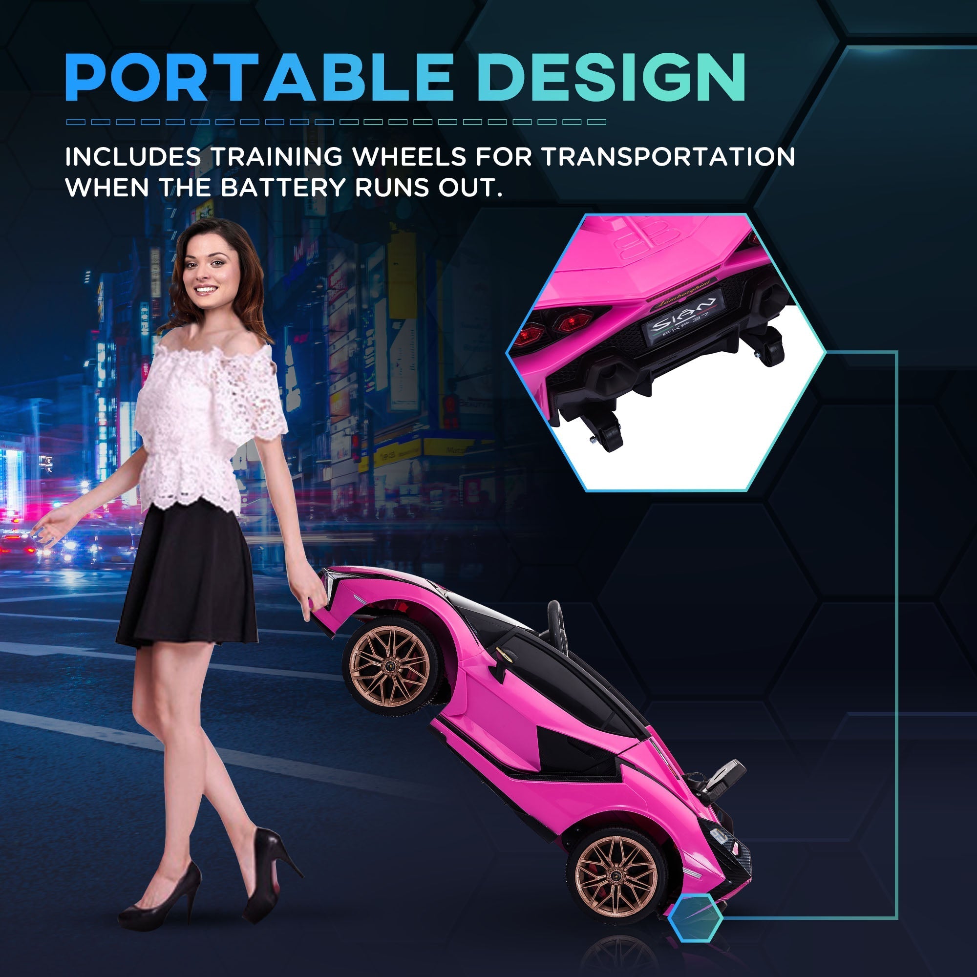 Vibrant pink lamborghini sian kids electric ride on car with gold rims black accents and bright tail lights