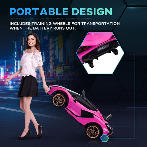 Vibrant pink lamborghini sian kids electric ride on car with gold rims black accents and bright tail lights