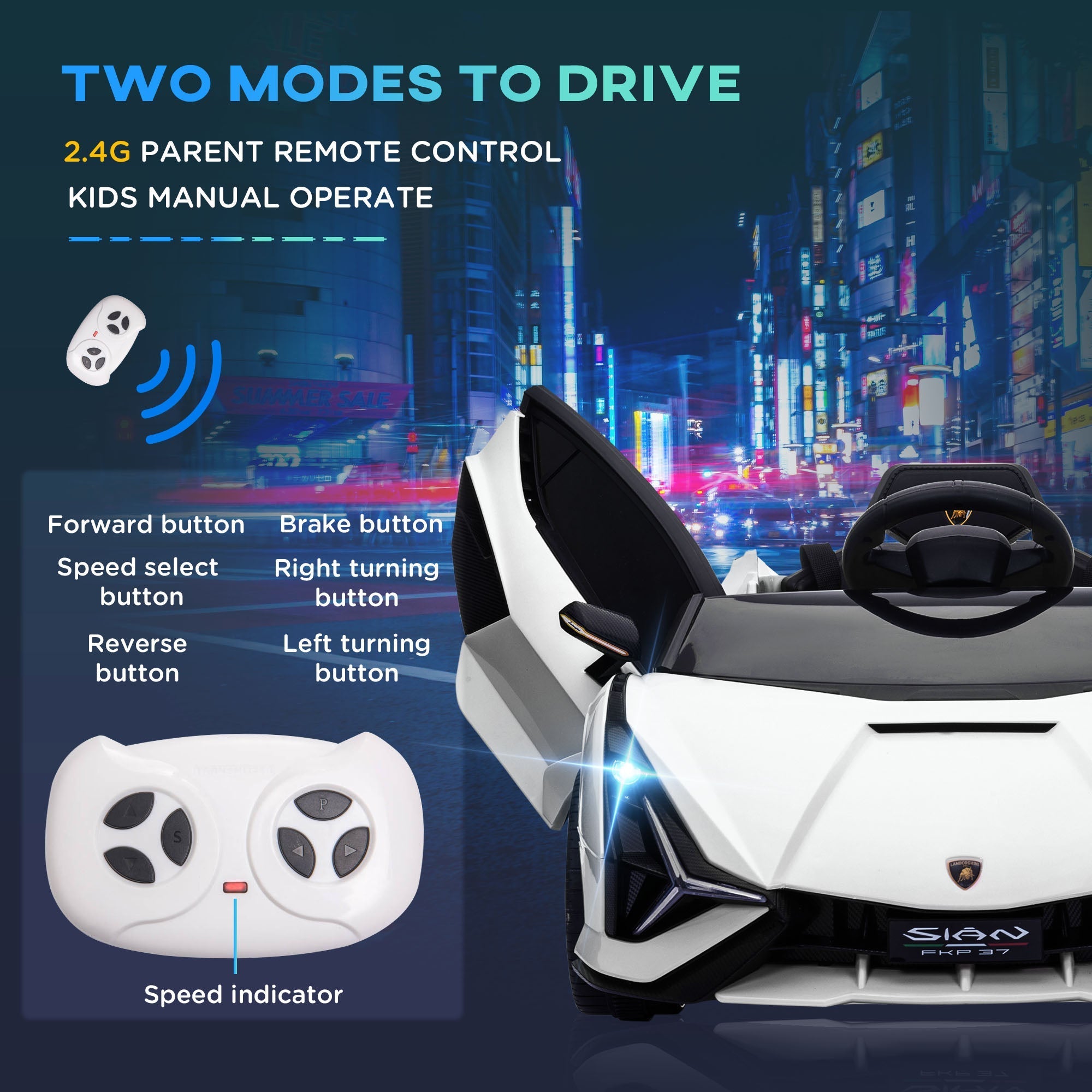 White and black lamborghini sian kids electric ride on car with sleek design and glowing tail lights for ages 3 to 5