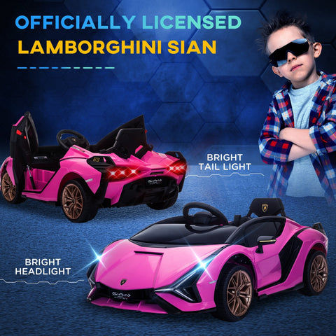 Pink and black lamborghini sian kids electric ride on car with bright headlights and tail lights for ages 3 to 5